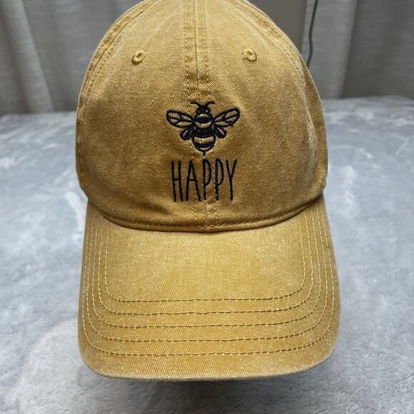 Bee Happy Cap Hat Yellow Womens Mustard Yellow Embroidered Strapback Home Free - Picture 1 of 4